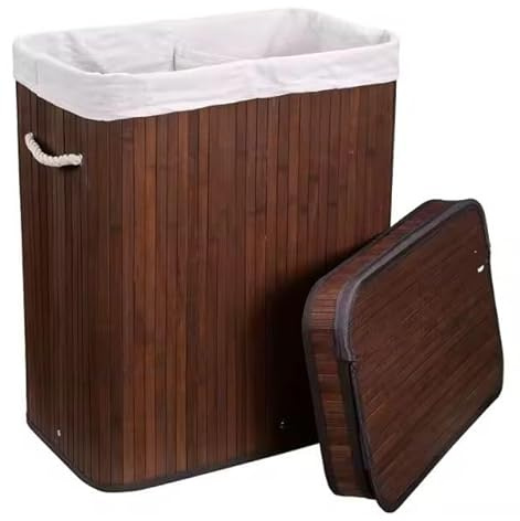 Wäschekorb aus Bambus, 72 Liter – Wäschesammler mit 2 Fächern – braun, mit Deckel und Reißverschluss – für helle und dunkle Wäsche – für Bad, Schlafzimmer oder Waschküche (Braun)