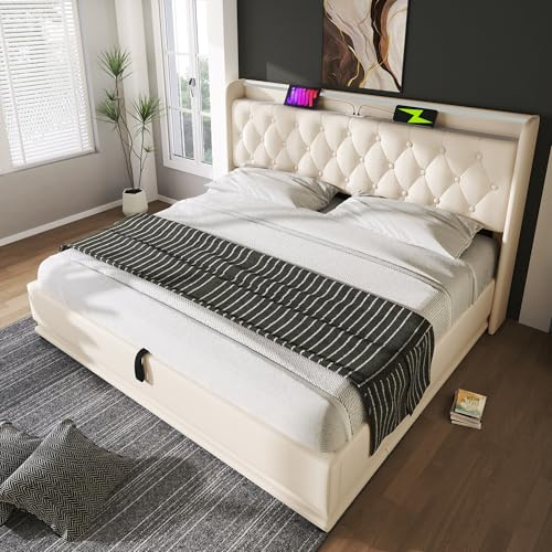 EINHOM Upholstered Double Bed Frame with Large Storage Space, Ottoman Bed with 360 Degree Surround LED Feature, Charging Function, PU, White (No Mattress) (135cm*190cm)