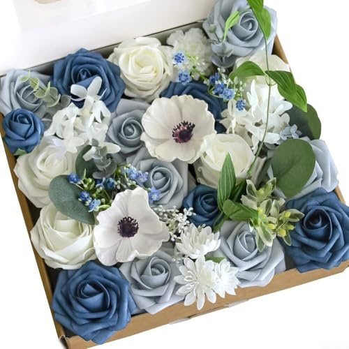 TONIXY Künstliche Hochzeitsblumen, Pfingstrosen, Rosen, Brautstrauß, Heimdekoration, Tafelaufsätze, Set, 25,4 cm, Blau