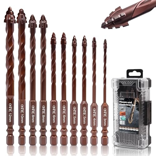 OSTTE Fliesenbohrer Set 10 tlg, Steinbohrer Set mit Kobalt, Glasbohrer set 3-12mm, 6,35 mm Sechskantschaft, Vierschneidiger Sägezahn Exzenterbohrer für Keramik, Fliesen, Metall, Beton, Glas, Holz