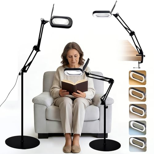 CGBE Lupa 10X con Luz y Soporte: 5'' Lámpara-lupa y funda antipolvo, 5 modos de color regulables, 3 en 1 lupa con luz led con base, pinza para aficiones, trabajos y reparaciones.