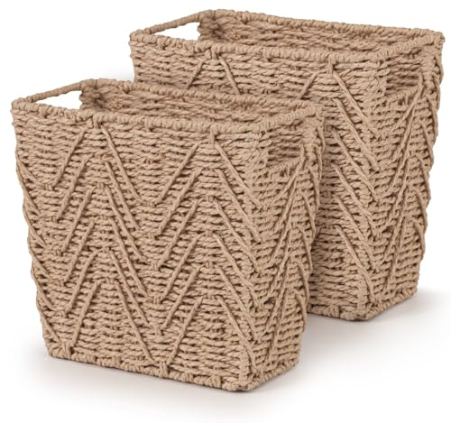 Woodluv Set of 2 Handwoven Rectangular Paper Rope Bins, Decorative Wastepaper Baskets for Home, Closet, or Office Organization, Durable, Stylish & Functional Storage Solution - Khaki