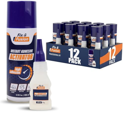 FIX & FUSION Set aus Sekundenkleber (50g) und Aktivatorspray (200ml) – Schneller Alleskleber für Holz, Kunststoff, Gummi, Metall & Keramik – Ideal für DIY, Reparaturen & Industrieanwendungen (12 Pack)