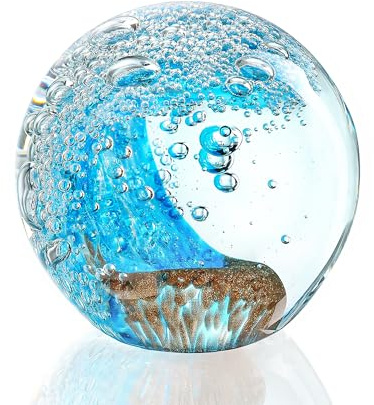 H&D HYALINE & DORA Hand Blown Glass Ocean Waves Ball Paperweight Decorative Home Office Decor Glass Art Collectible Crystal Ball Paperweight Ideal for Ocean Lovers(2.3Inch)