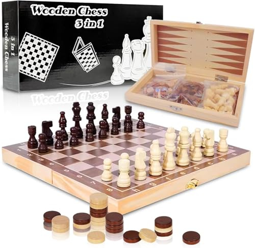 3 in 1 Chess Set comprising chess, backgammon and draughts, complete with wooden folding portable pieces. Luxury Chess Set, A card game passed down since 1795. (dark brown)