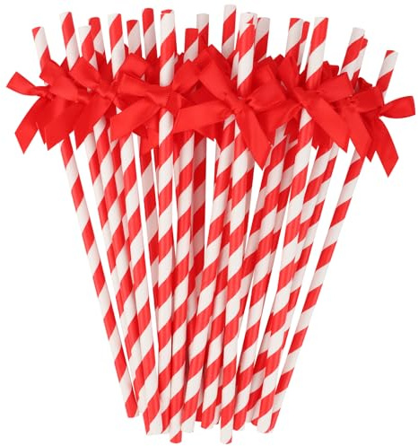 24 Packs Red Bow Biodegradable Striped Paper Straws, Red and White Disposable Drinking Straws for Birthday Carnival Summer Pool Party Wedding Baby Shower Halloween Christmas Party Decoration Supplie