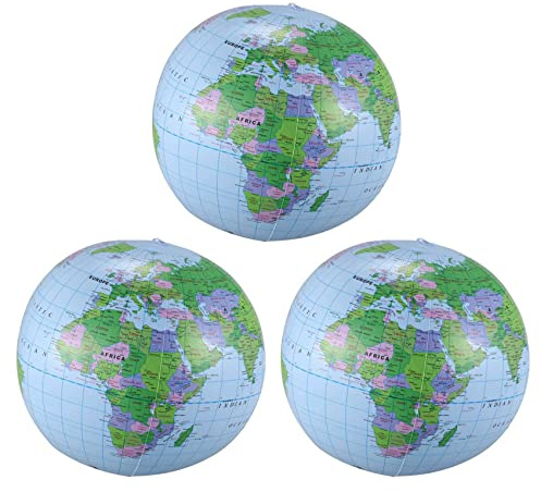 Mokamika 3 x uppblåsbar leksak, glob, träning, geografi, karta, ballong, vattenboll, 40 cm