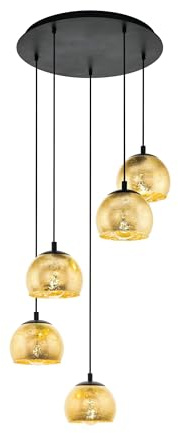 EGLO Hängelampe Alabraccin,5-flammige Cluster Pendelleuchte Esstisch | Hängeleuchte aus Metall in schwarz und Glas in gold, Esszimmerlampe hängend, E27 Fassung, Ø 58,5 cm