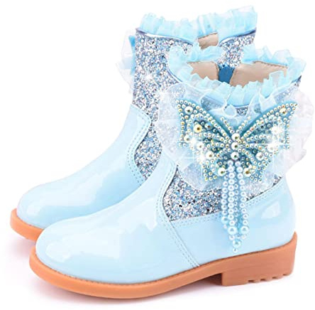 FStory&Winyee Ragazze Principessa Stivali Princesse d'Hiver Scarpe Neve Bambine Invernali Foderato Caldo Gomma All'aperto Slip-On Cosplay Regina Ghiaccio Costume Carnevale Halloween Natale Blu 29