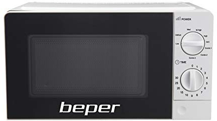 BEPER P101FOR001 Microondas 20L con grill, 700 Watt, Temporizador ajustable, 5 Niveles de potencia, 3 Modos de cocción, Plato giratorio de vidrio 24,5 cm, Blanco