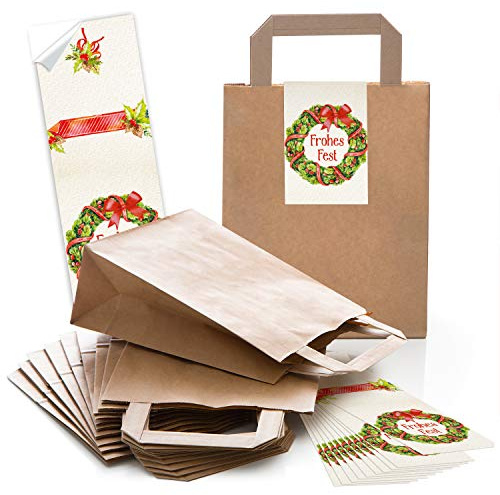 Logbuch-Verlag 5 kleine braune natürliche Kraftpapier Weihnachten Verpackung Papiertragetasche mit Weihnachtsaufkleber FROHES FEST 18 x 8 x 22 cm