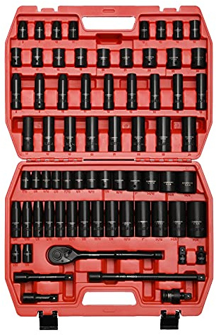 CASOMAN 1/2-inch 70 Pieces Impact Socket Master Set, SAE & Metric from 5/16-1-1/4,8-24mm, Shallow/Deep Socket with Ratched Hand, Extension Bar and Adapters