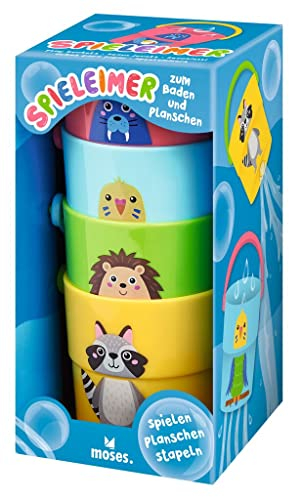 moses. Spieleimer Stapelset zum Baden und Planschen, Badewannenspielzeug, 4 Bunte Eimer mit Henkel und Lochmuster, Mini-Eimer zum Spielen im Wasser und Sand, 38151