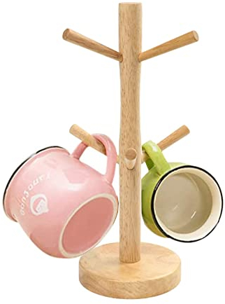 XFLYP Becherhalter aus Holz, Aufbewahrung, Küchenzubehör für Tee, Kaffee, Tassen, Holzbecherbaumhalter mit 6 Haken zum Aufhängen und Beschwerter Basis, für Küche, Restaurant, Bar