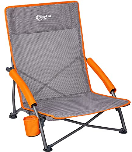 Portal hopfällbar strandstol låg lätt bärbar för vuxna vikbar strandstol camping festival picknick däckstol utomhus hopfällbar med kopphållare nät baksida vadderade armstöd stöder 150 kg