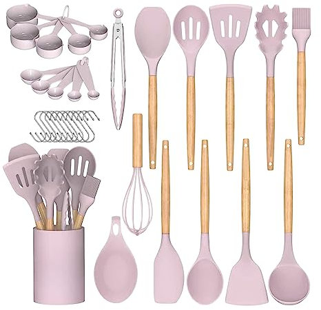 AHASON'S Extra Thick Silicone Layer Cooking Utensils Set 230°C-446°F Heat Resistant,Turner Tongs,Spoon,Spatula,Brush,Whisk,with Holder Kitchen Gadgets Tools Set for Nonstick Cookware,BPA Free (Pink)