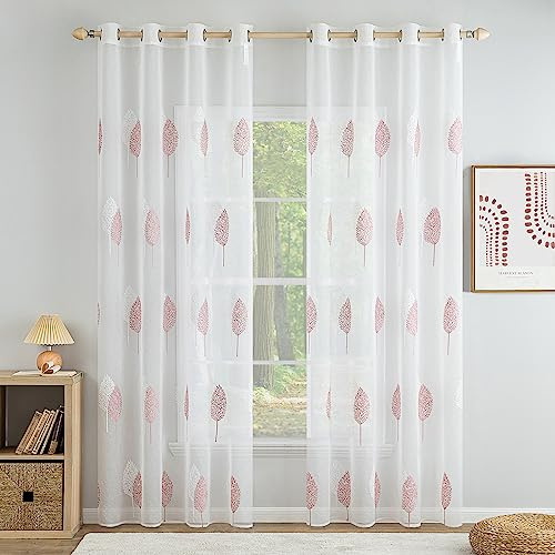 MIULEE Gardinen mit Rosa und Weiss Blätter Muster 2er Set 140x225cm | Modern Stickerei Wohnzimmer Vorhänge Transparent mit ösen für Schlafzimmer Deko, Schöne Blätter Muster Vorhang Fenster