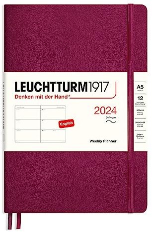 LEUCHTTURM1917 367658 Wochenkalender, Softcover, Medium (A5) 2024, 12 Monate, Port Red, Englisch