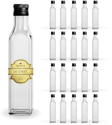 20 Mini Bouteilles en Verre 100ml avec Bouchon a Vis Noir | Petites Bouteilles pour Huile d'Olive, Vinaigre, Alcool, Sauces, Potion Magique | Huilier en Verre, Flacon pour Échantillons