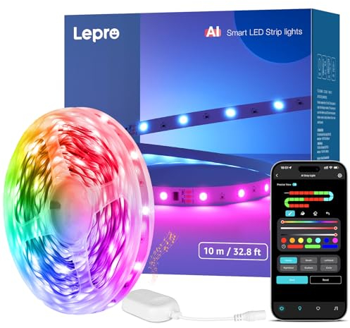 Lepro AI LED Strip S1, RGBIC 10M Smart LED Streifen mit KI-Lichtdesign-Assistent, Musik-Sync, App-Steuerung kompatibel mit Alexa & Google Assistant, LED Lichterkette für TV, Party & Gaming
