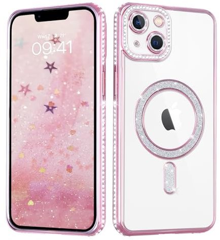 Coalbooliy Cover per iPhone 15 Plus 6,7 Custodia Diamante Glitter Brillare [Compatibile con Mag-Safe], Elettroplaccata Magnetica Trasparente Silicone Case Ragazza Scintillante Luccicanti, Rosa