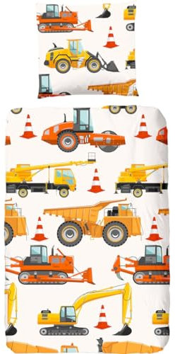 Generisch Bauwagen Bettwäsche 135x200cm Gelber BAU-LKW Kinder Bettbezug Set 3 Teilig Microfaser Wendebettwäsche Bettdeckenbezug Mit Reißverschluss und 2 Kissenbezüge 80x80cm