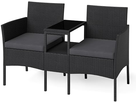 STEELSØN Gartenbank mit Tisch Velara aus Polyrattan, Sitzgruppe für 2 Personen, Balkonmöbel 2er Sofa mit Polster wetterfest, Gartensofa Terrassenmöbel in schwarz/anthrazit 81x65x135 cm (HxTxB)