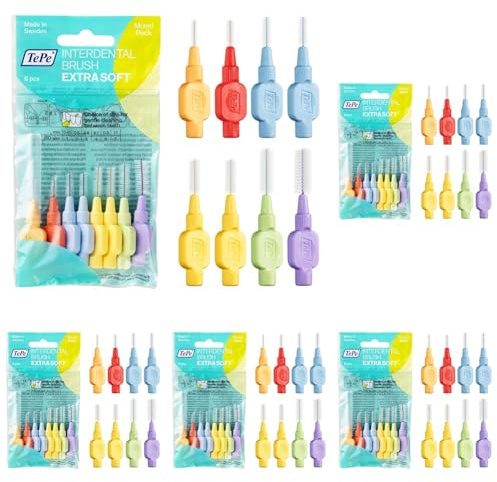 TePe Interdentalbürsten Extra Soft gemischt (ISO Größe 1-6: 0,45-1,1 mm) / Für eine besonders sanfte & effiziente Reinigung der Zahnzwischenräume / 1 x 8 Interdentalbürsten (Packung mit 5)