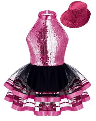 Rswnyirn Mädchen Tanzkleid Ballettkleid Mit Hut Mütze Eiskunstlauf Kleid Rückenfrei Pailletten Ballettanzug Tütü Rock Kinder Ballettkleidung Rose 122-128