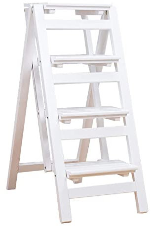 GLJTUO Échelle en Bois Blanc, Support De Chaise, Escabeau pour Adultes, Multifonction, Maison, Cuisine, Double Usage, Chaise D'Escalier Pliante, Mobile, 4 Marches, Tabouret Ascendant, Blanc