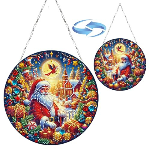 CXINLky DIY Diamond Art Painting Anhänger mit Kette, Diamant Painting Bilder, Weihnachten Diamond Malerei Wandbehang Kits für Fenster Wand Eingang Garten Decor-09-Weihnachtsmann