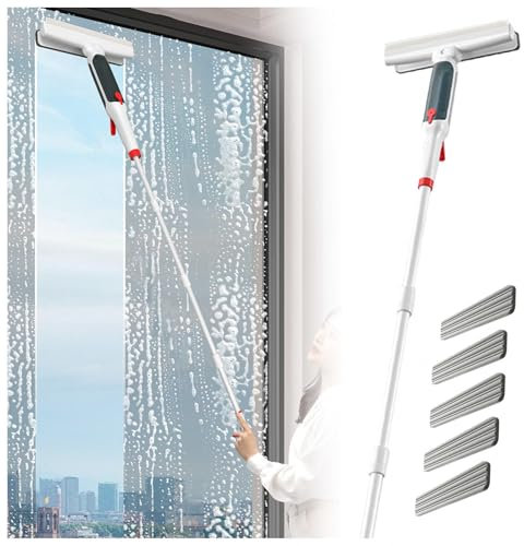 RYJYQYX Spruzzo 4 in 1 Pulisci Vetri con Asta di Prolunga(190cm), Lavavetri Professionale con Raccoglitore Acque Nere E 5 Panni Lavavetri Telescopico per Finestre Alte Interno/Esterno