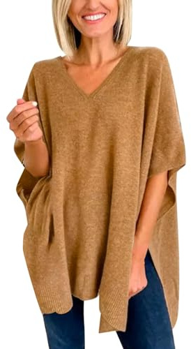 Pull de Couleur Unie pour Femmes, col en V, à Rayures, Mode Poncho Cape, col en V, Pull Ample Veste Femme Longue Noir Veste Femme Automne (Khaki, XL)