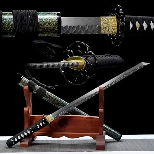 KWXPW 78cm handgefertigt Wakizashi Katana,T10-Stahl Klinge,Eisen Handschutz,Holzscheide,Japanischer Samurai-Schwert für Kendo,Dekoration,Sammlung,Ausstellung,Cosplay,Selbstverteidigung