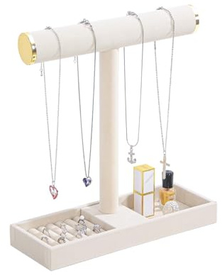 Coward Jewelry Organizer Stand, Velvet Necklace Bracelet Watch Ring Display Holder with Tray, Multi-use Jewelry Display Stand for Women Girls Dresser Nightstand (Beige)