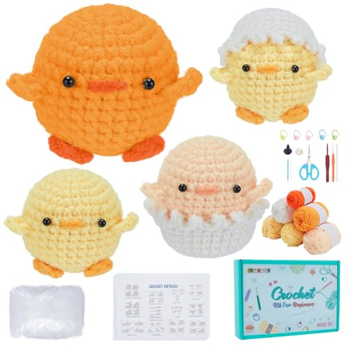 FREEBLOSS 4 Set Häkelset Für Anfänger Häkeltierset Häkelset Für Babyhühnchen Garn Zum Häkeln Häkel Starterset Mit Schritt Für Schritt Videoanleitungen Häkelhandwerk Für Erwachsene