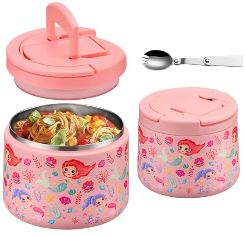 14oz Insulated Vacuum Food Jar with Buckle Lid,Soup Thermo for Hot Food Kids,Wide Mouth Leakproof Stainless Steel Lunch Container with Spoon-Mermaid