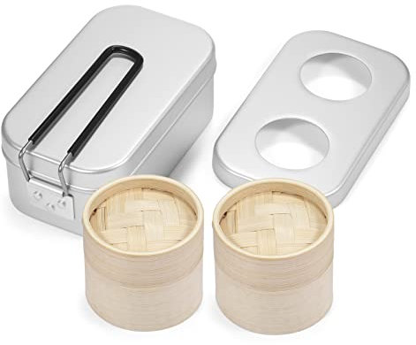 3pcs Camping Cookware Mess Kit Aluminum Bento Box Food Container with Bamboo Steamer Basket and Holder Cooking Set