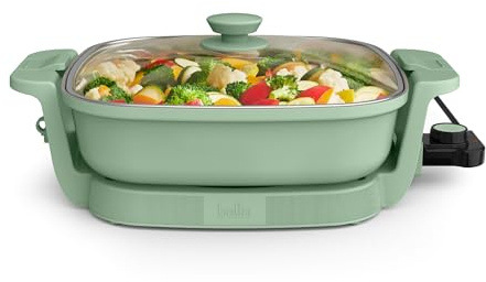 bella Make & Take Electric Skillet, Fits-anywhere™ kitchenware, EverGood™ Ceramic Coating, Adjustable Temperature & Dishwasher-Safe Tempered Glass Lid, Cast Aluminum Base, 1200 Watt, Seaglass