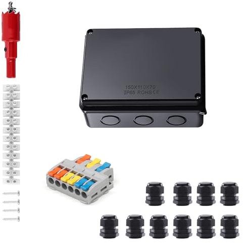PARFCO Scatola Derivazione, IP65 Impermeabile Scatola di Derivazione Esterna, 150 x 110 x 70, Con Terminali, Connettori, Viti, Taglierino, per Cavi Ø 6-12 mm