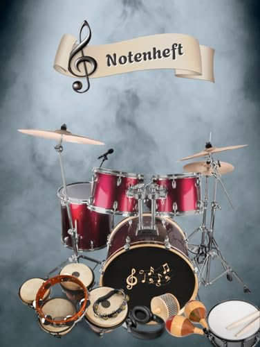 Notenheft Schlagzeug DIN A4 Notenbuch Xylophon Musikunterricht Trommeln Notenlinienheft Große Lineatur Glockenspiel Maracas Glocken Triangel Zimbel ... Notensysteme Rasseln Musiker Gongs B03B