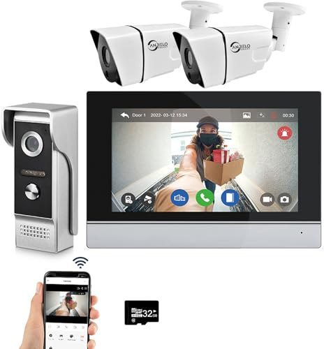 ANJIELO SMART Wired Video Intercom System Tuya WiFi 7 Inch Touch Screen 1080P Doorbell Camera Intelligent Tuya APP Intercom Kit with Motion Detection (1doorbell+1monitor+2camera)