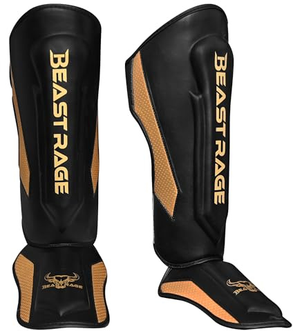 BEAST RAGE Muay Thai Kickboxing benskydd, kampsport MMA benskydd, fotnackskydd, sparring träningsutrustning (guld, M)
