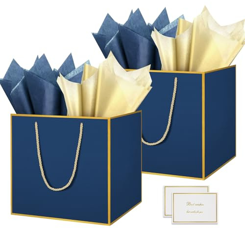 HONTIUS 11.8 Quadratische Geschenktüten, Geschenktüten Groß Geschenktüte xxl mit Taschentuch und Karten, Blau Goldene Linie Geschenk Tüte Papiertüten mit Henkel 30 * 30 * 30cm Gift Bag Bags 2 Stück