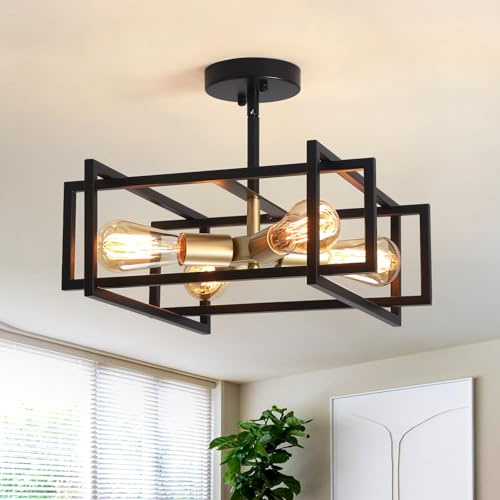 Gold Deckenleuchte, 4 Flammig Deckenlampe Wohnzimmer, Vintage Metall, E27 | Offene Rechteckform, Dimmbar, Max 60W, 220V, Schlafzimmer Deckenleuchte für Küche Essbereich Flur Eingang, Ø38cm