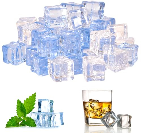 50 cubitos de hielo artificiales transparentes de 18 mm, reutilizables, irregulares, de plástico transparente, para decoración, acrílicos, cuadrados, para fotografía, fiestas y cocina