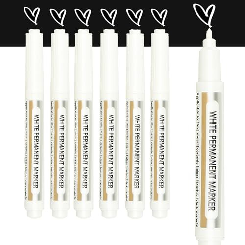 Altaroo 6 Stück Acrylstifte Weiß, Weisser Stift Wasserfest 1mm Große Kapazität, Permanent Marker Weiß, Lackstift Weißer für Schwarzes Papier, Holz, Metall, Glas, Stoff, Stein, Reifenmalerei, Fotoalben