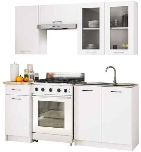 AKORD Küchenmöbel-Set OLIWIA 1.8m H720 Modulares 180 cm 7 Türen 1 Schublade 8 Regalböde, Küche Komplett, Kitchen Cabinet Set, Küchenschränke, Standschränke, B180xH203xT46 cm, Weiß & Weiß
