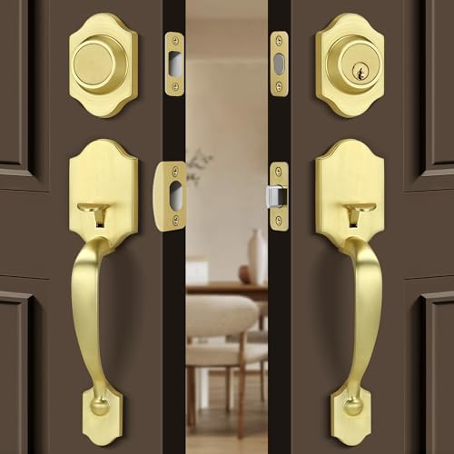 Gaurqiah Double Front Door Handleset with Deadbolt – Brushed Gold Classic Entry Handle Set with Dummy, Reversible Lever, Zinc Alloy, Exterior Lock Set，Satin Brass