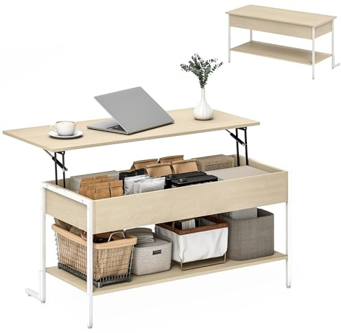 HOMCOM Mesa de Centro Elevable Cierre Suave 95x40x59 cm Natural y Blanco